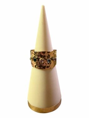 Gold Tone Textured Wide Band Adjustable Ring with Multicolor Stones